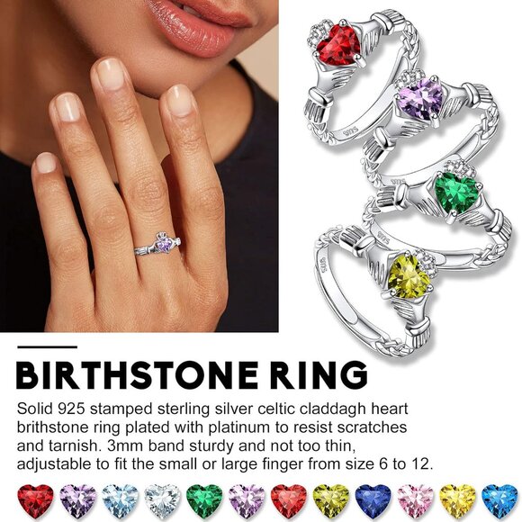 925 Sterling Silver Good Luck Celtic Twisted Knot/Claddagh Heart Birthstone Ring - Picture 3 of 7